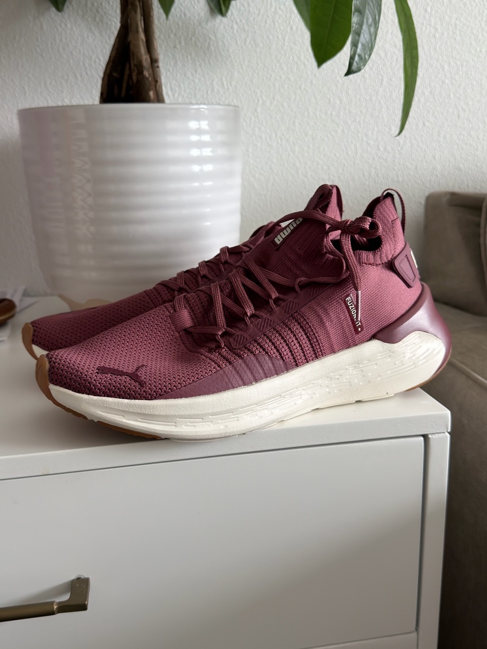 Puma Women's Knit Running Sneakers in Maroon with White Midsole